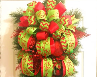 Christmas Door Swag, Christmas Wreath, Christmas Chevron Door Hanger, Housewares, Red & Lime Green, Christmas Decoration, Christmas Decor