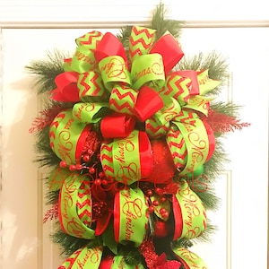 Christmas Door Swag, Christmas Wreath, Christmas Chevron Door Hanger, Housewares, Red & Lime Green, Christmas Decoration, Christmas Decor
