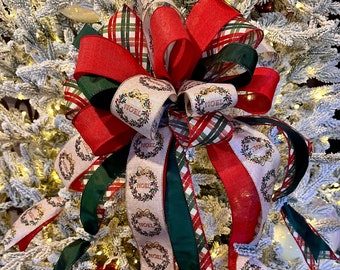Roter karierter Baumspitzen-Bogen, großer Bauernhaus-Weihnachtsbogen aus Sackleinen, traditionelle Weihnachtsdekoration, Kranzbögen, roter und grüner Feiertagsdekor