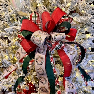 Red Plaid Tree Topper Bow, Large Burlap Farmhouse Christmas Bow, Traditional Christmas Decoration, Wreath Bow, Red and Green Holiday Decor