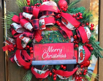 Same Day Ship, Rustic Old Trucks Christmas Wreath, Buffalo Plaid Door Hanger, Burlap Holiday Decor, Decoration, Farmhouse Country, Merry