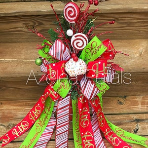 Present Christmas Tree Topper, Cupcake Candy Cane and Lime Green Bow, Chevron Decoration, Holiday Decor Christmas Wreath, Home Decor Holiday