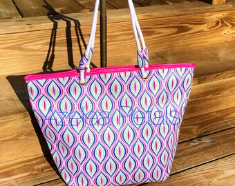 Mother’s Day Sale! Hampton Beach Bag-Hot Pink Green & Navy  Monogram Beach Tote, Personalized Bag, Monogrammed Preppy Bridesmaids Vacation