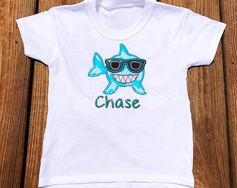 Personalized Boys Shark W/ Sunglasses Shirt, Monogramm Beach Applique, Summer Kids Outfit, Swimming Kids Clothes, Children's Vacation Wear