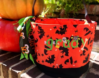 Personalized Trick or Treat Bucket, Appliqué Halloween Candy Bag, Frankenstein Tote, Treat Bag Embroidered, Ghost Bag, Pumpkin Tote, Witches