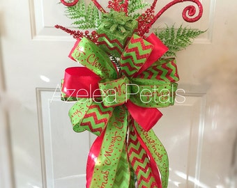 large 30 loop tree topper bow with streamers christmas tree etsy red and lime green christmas decorations