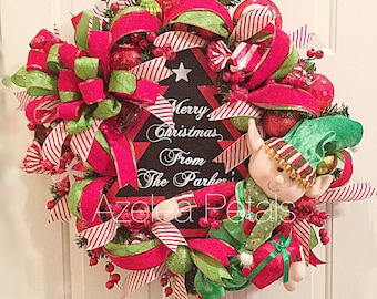 Raz Candy Cane Personalized Christmas Wreath, Custom Name Elf Monogram Wreath, Santa Chevron Tree Decoration, Holiday Decor Door Wreath