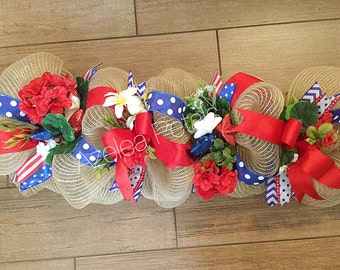 Red White and Blue Garland, Burlap 4th of July Garland, Patriotic Home Decor, Memorial Day Floral, Summer Wreath, Door Hanger, Housewares