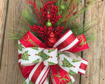 Rustic Tradition Christmas Tree Topper, Candy Cane and Lime Green Bow, Decoration, Holiday Decor Christmas Wreath, Home Decor, large tree