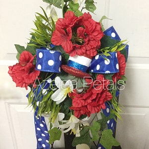 Top Hat Patriotic Lantern Swag, Memorial Day Swag, Red White and Blue Decor, 4th of July Floral Arrangement, Candle, Lamp Decoration, Wreath image 4