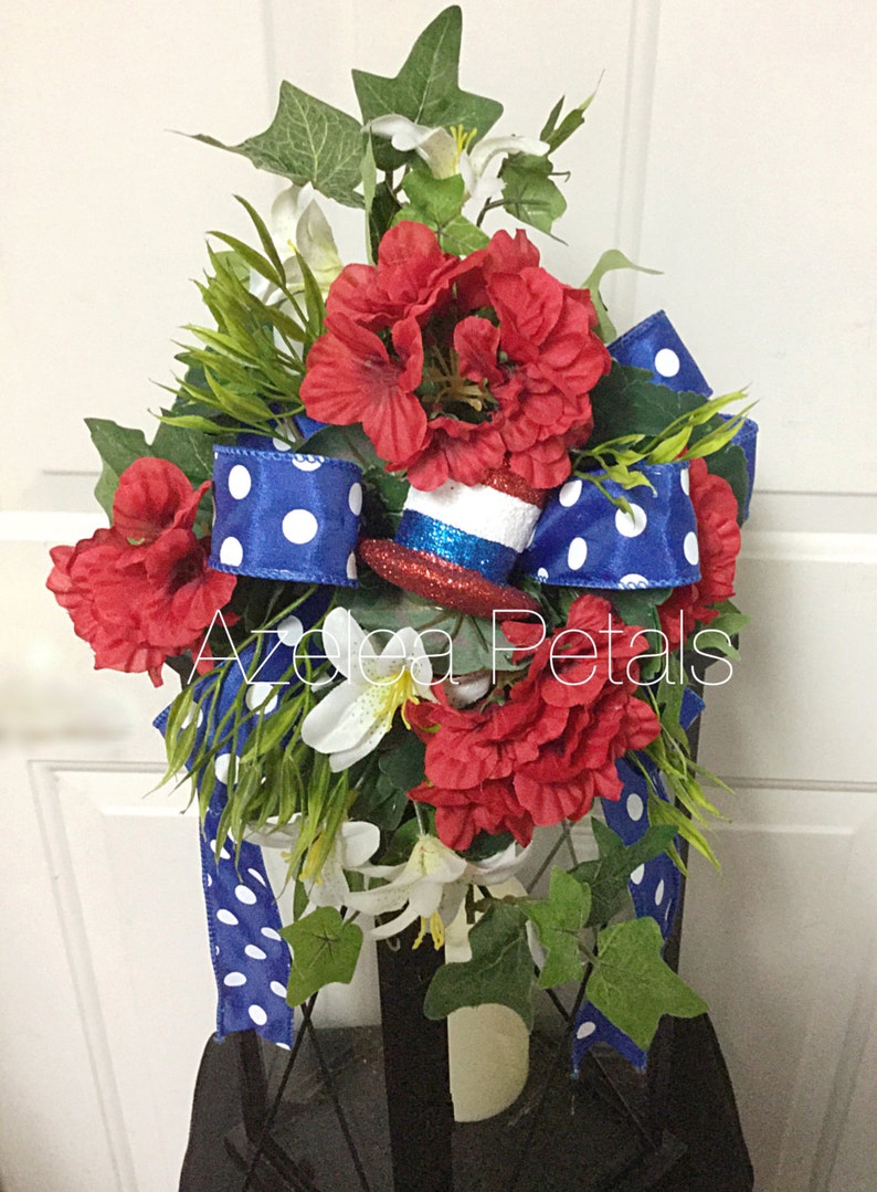 Top Hat Patriotic Lantern Swag, Memorial Day Swag, Red White and Blue Decor, 4th of July Floral Arrangement, Candle, Lamp Decoration, Wreath image 4