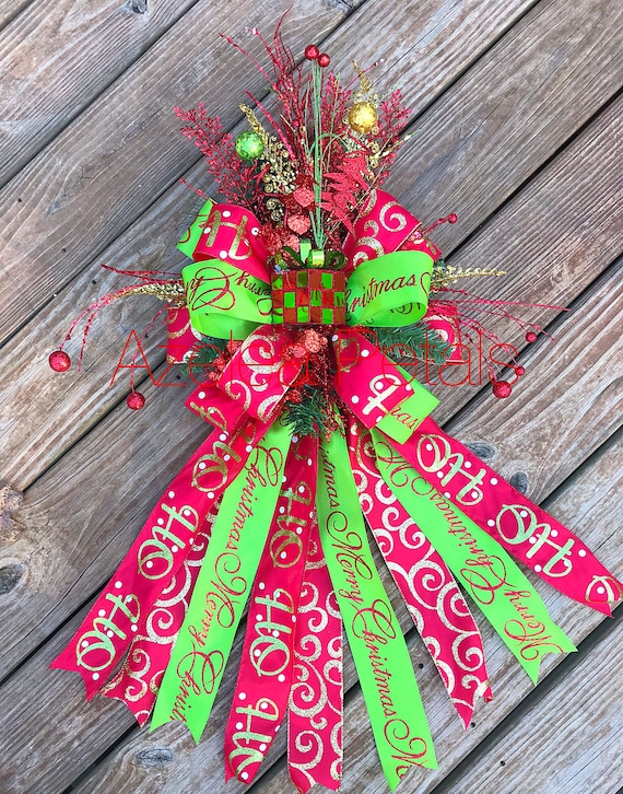 Present Christmas Tree Topper Gold Red And Lime Green Bow Etsy