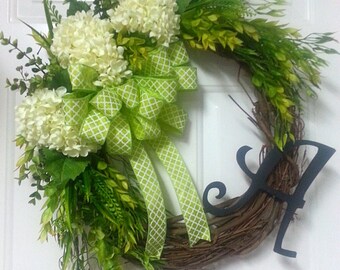 Initial Hydrangea Grapevine Wreath, Monogram Spring Wreath, Summer Door Hanger, Wedding Gift, Baby Shower, House Warming Gift, Home Decor