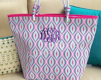 Summer Time Tote! Hampton Beach Bag-Hot Pink Green & Navy Monogram Beach Tote, Personalized Bag, Monogrammed Preppy Bridesmaids Vacation