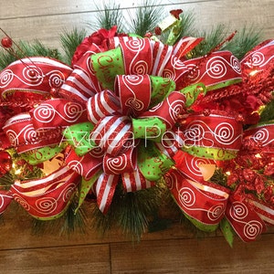 XL 5ft Candy Cane and Lime Green Mantel Garland Swag, Christmas Fireplace Mantle Garland, Chevron Decoration, Holiday Decor Christmas Wreath image 3