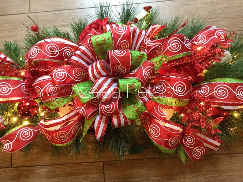 XL 5ft Candy Cane and Lime Green Mantel Garland Swag, Christmas Fireplace Mantle Garland, Chevron Decoration, Holiday Decor Christmas Wreath image 3