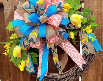 Spring or Summer Wreath, Mother’s Day Front Door, Initial Door Hanger, Bright Whimsical, House Warming Gift, Home Decor, Pool Decoration