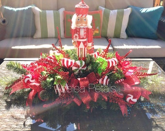 Candy Cane Christmas Nutcracker Centerpiece, Whimsical Stripe Arrangement, Table Decor, Christmas Fireplace Mantel, Red & Lime Decoration