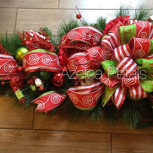 XL 5ft Candy Cane and Lime Green Mantel Garland Swag, Christmas Fireplace Mantle Garland, Chevron Decoration, Holiday Decor Christmas Wreath image 4