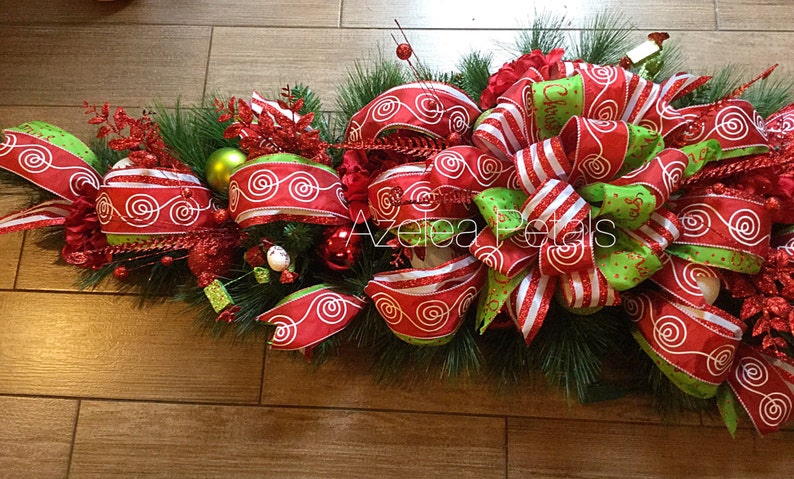 XL 5ft Candy Cane and Lime Green Mantel Garland Swag, Christmas Fireplace Mantle Garland, Chevron Decoration, Holiday Decor Christmas Wreath image 4