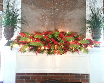 6ft Christmas Fireplace Mantels Garland, Red & Lime Green Holiday Decoration, Santa Grinch Decor, Christmas Wreath, Staircase