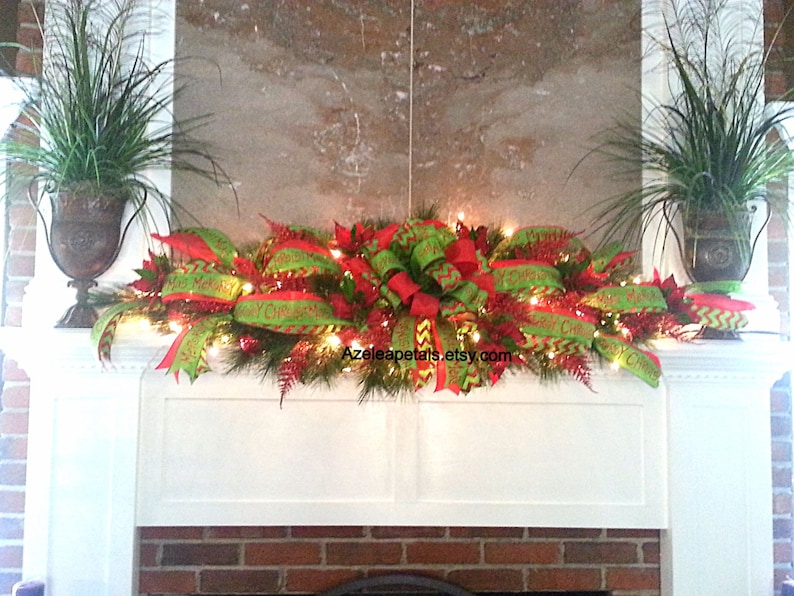 XL 5ft Candy Cane and Lime Green Mantel Garland Swag, Christmas Fireplace Mantle Garland, Chevron Decoration, Holiday Decor Christmas Wreath image 5