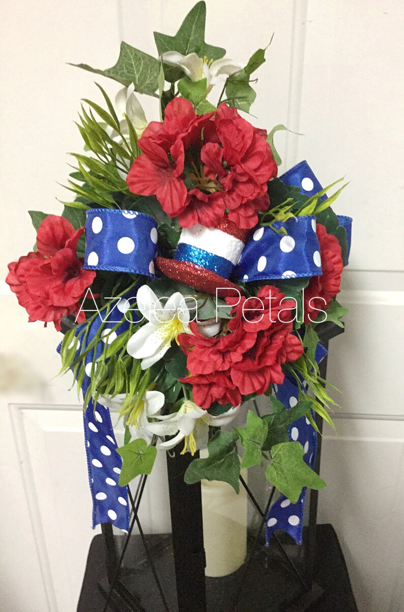 Top Hat Patriotic Lantern Swag, Memorial Day Swag, Red White and Blue Decor, 4th of July Floral Arrangement, Candle, Lamp Decoration, Wreath image 3