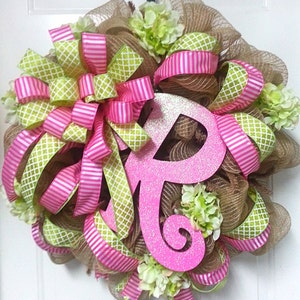 Spring Burlap Monogram Wreath, Wooden Initial Door Hanger, Mothers Day, Home Decor, Summer Wreath, Wedding Gift, Baby Shower, Housewares