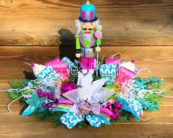 SALE! Whimsical Nutcracker Christmas Centerpiece, Candy Floral Table Decoration, Pink Lime Teal Cupcake Holiday, Candy-land Arrangement