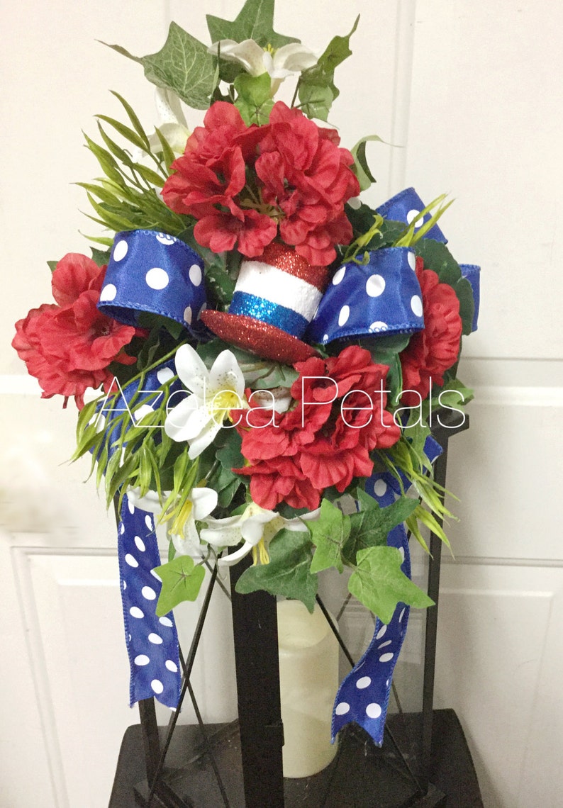 Top Hat Patriotic Lantern Swag, Memorial Day Swag, Red White and Blue Decor, 4th of July Floral Arrangement, Candle, Lamp Decoration, Wreath image 1