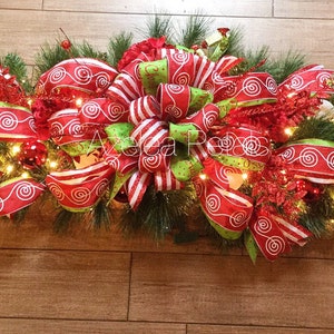 XL 5ft Candy Cane and Lime Green Mantel Garland Swag, Christmas Fireplace Mantle Garland, Chevron Decoration, Holiday Decor Christmas Wreath image 1