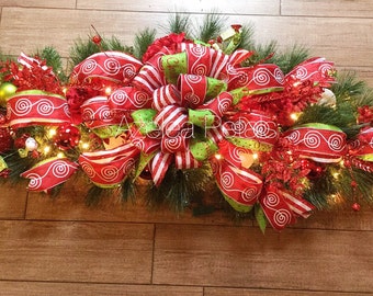 XL 5ft Candy Cane and Lime Green Mantel Garland Swag, Christmas Fireplace Mantle Garland, Chevron Decoration, Holiday Decor Christmas Wreath