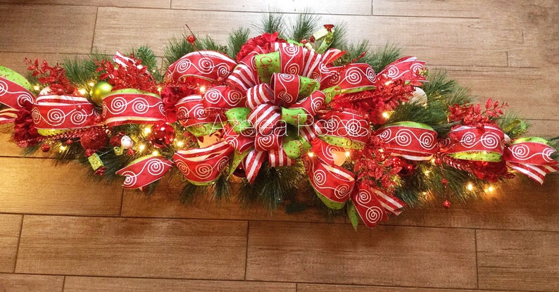 XL 5ft Candy Cane and Lime Green Mantel Garland Swag, Christmas Fireplace Mantle Garland, Chevron Decoration, Holiday Decor Christmas Wreath image 1