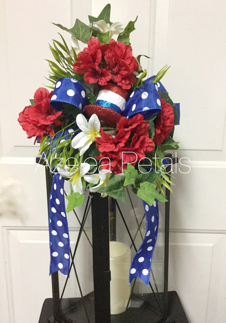 Top Hat Patriotic Lantern Swag, Memorial Day Swag, Red White and Blue Decor, 4th of July Floral Arrangement, Candle, Lamp Decoration, Wreath image 2