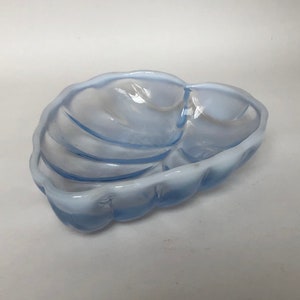 Duncan Miller Blue Opalescent Art Glass Leaf Bowl - Vintage 1940s