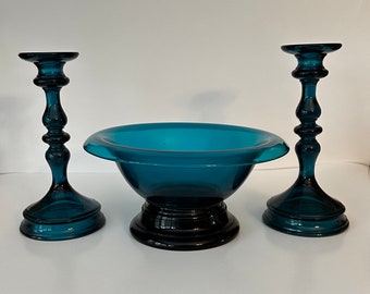 TIFFIN 4pc Set Vintage Art Glass Peacock Teal Blue Console Bowl with Pedestal Base & Pair of Candlesticks