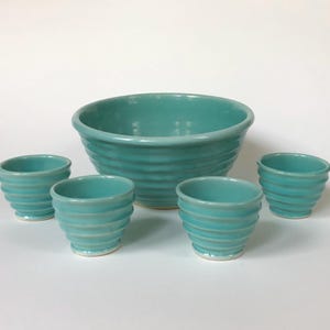 Rare WELLER Ring-Ware Beehive Large Turquoise Bowl & 4 Small Dessert Bowls  - Set of 5