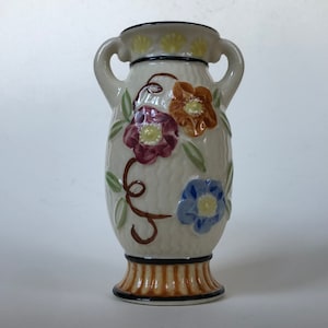 Vintage 5.5” Japan K Mark Floral Hand Painted Embossed Double Handle Bud Vase