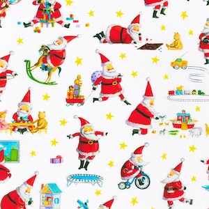 May include: A white background with a repeating pattern of Santa Claus figures in red suits playing with toys. The toys include a rocking horse, a toy train, a toy car, a toy boat, a toy house, a toy airplane, a toy trampoline, and a toy tricycle. The background is dotted with yellow stars.