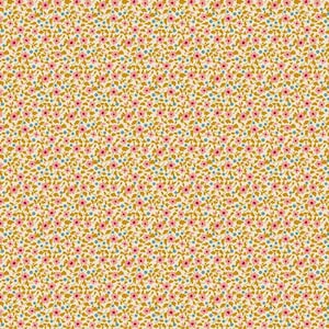 Peut inclure: Motif floral répété avec de petites fleurs roses, des feuilles jaune-brun et des points bleus sur un fond crème. Le motif est densément réparti, créant un aspect texturé.
