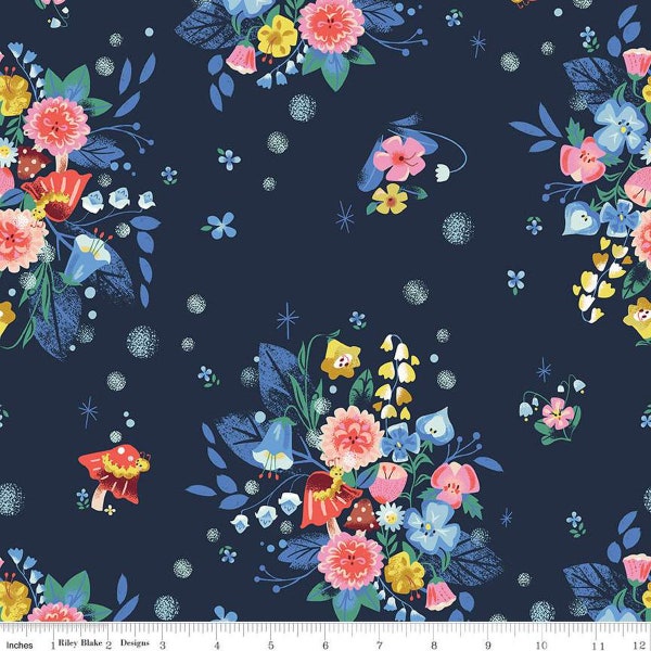 Down the Rabbit Hole Caterpillar Floral in Navy by Jill Howarth for Riley Blake Designs - 1/2 yard