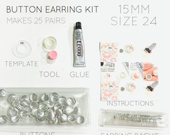 15mm Button Earring Self Cover DIY Kit 25 Pairs Kits plus range of Refill Kit Sizes | Make your Own Button Earrings