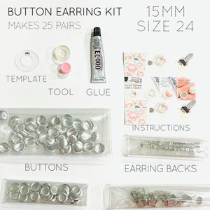 May include: A kit for making 25 pairs of 15mm button earrings. The kit includes clear plastic containers with silver buttons, earring backs, earring posts, and blanks. It also includes a template, a tool, and a tube of glue.