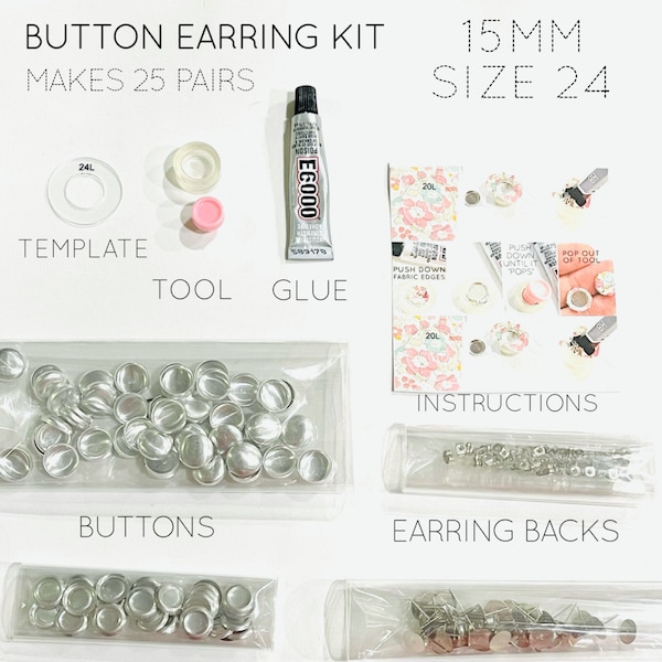 Boucles d'oreilles boutons de 15 mm, auto-couverture, kit de 25 paires de kits plus une gamme de tailles de kit de recharge | Créez vos propres boucles d'oreilles boutons