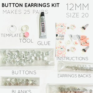 May include: A kit for making 25 pairs of 12mm button earrings. The kit includes clear plastic containers filled with silver buttons, earring backs, earring posts, and blanks. It also includes a tool, glue, and instructions.