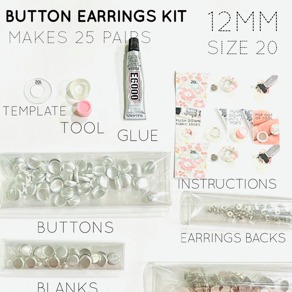 Kit de bricolage boucle d'oreille bouton 12 mm - Kit de 25 paires de kits et gamme de tailles de kit de recharge | Créez vos propres boucles d'oreilles boutons