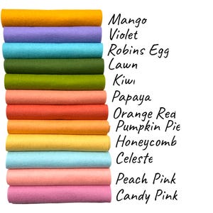 May include: A stack of colorful felt sheets in shades of yellow, purple, blue, green, orange, and pink. The colors are labeled with handwritten text: Mango, Violet, Robins Egg, Lawn, Kiwi, Papaya, Orange Red, Pumpkin Pie, Honeycomb, Celeste, Peach Pink, and Candy Pink.