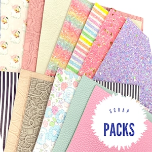 May include: A variety pack of colorful faux leather scraps. The pack includes a variety of patterns, including stripes, polka dots, floral, and glitter. The pack is labeled "Scrap Packs".