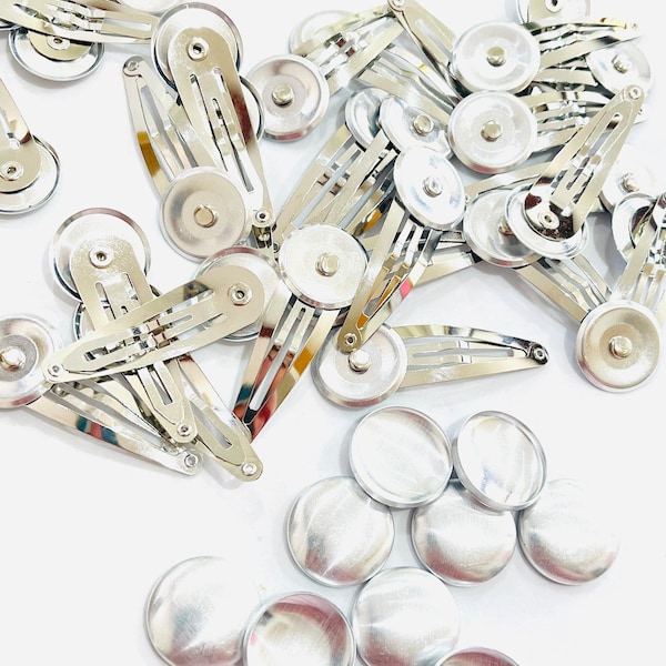 19mm Snap Clip with Attached Button Kit in Silver - Bulk 50 Pack/ 25 pairs  - Everyday Range - Make your Own Cover Button Hair Snap Clips