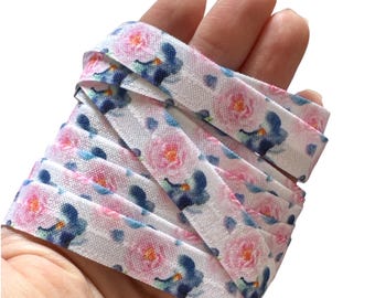 Blue Pink Floral - Fold Over Elastic- FOE- You Choose Yards- Foldover Print Elastic- Elastic by the Yard- 5/8" Fold Over Elastic